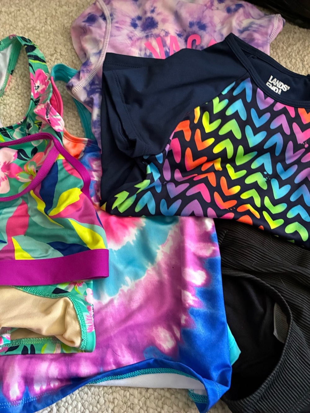 Lands' End Navy Rash Guard with Neon Rainbow Heart Print